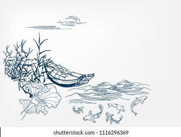 japanese vector sketch design background hand drawn ink card sea water waves background