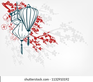 japanese vector sketch illustration engraved chinese paper lights lantern card sakura