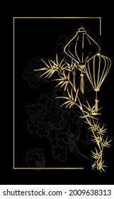 japanese vector sketch illustration engraved chinese paper lights lantern card bamboo gold
