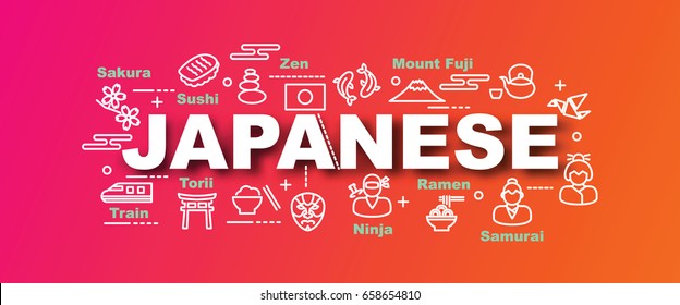 japanese vector trendy banner design concept, modern style with thin line art icons on gradient colors background
