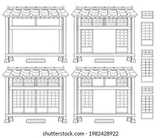 Japanese veranda set illustration, line drawing