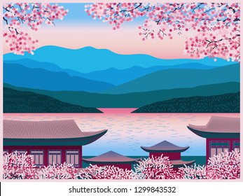 Japanese village, cherry blossoms, lake and mountains in the background. Handmade drawing vector illustration. Flat design. Vintage Poster. 