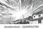 Japanese village illustration in a comic book style capturing a dramatic sky and buildings illustrating a rural setting