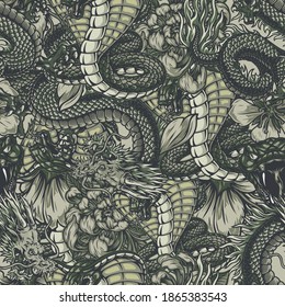 Japanese vintage elements seamless pattern with angry poisonous snake dangerous fantasy dragon chrysanthemum and sakura flowers vector illustration