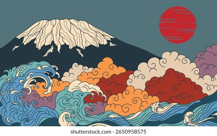 Japanese Vintage Landscape with Mount Fuji, Red Sun, Waves, and Clouds in Ukiyo-e Style