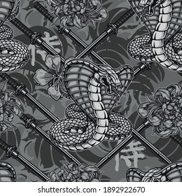 Japanese vintage seamless pattern with dangerous snake katanas and flowers in monochrome style vector illustration. Japan translation - Samurai