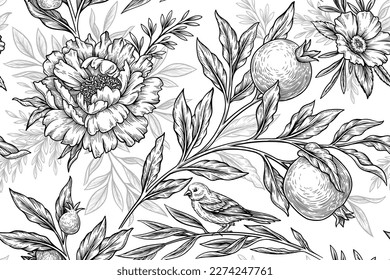 Japanese vintage seamless pattern. Elegant repeat template with chrysanthemum flower, branches and pomegranate. Design element for textile. Flat linear vector illustration isolated on white background