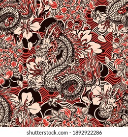 Japanese vintage seamless pattern with fantasy dragon and flowers on abstract traditional waves background vector illustration