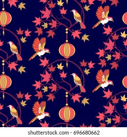 Japanese vintage seamless pattern with lantern, maple branch and birds.