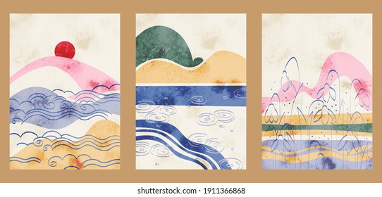 Japanese vintage style creative aesthetic posters. A4 vertical illustrations. A set of three backgrounds with watercolor texture and thin lines, traditional pattern, mountains, sea, sun.