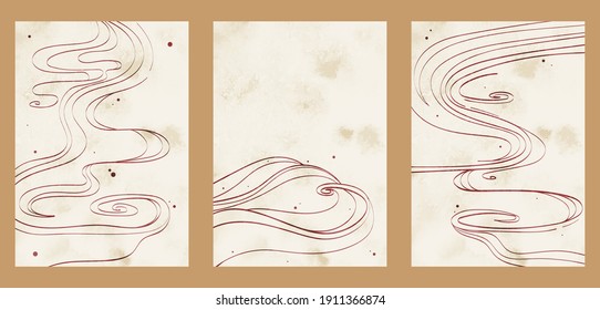 Japanese vintage style creative aesthetic posters. A4 vertical illustrations. Set of three backgrounds with watercolor texture and thin lines, traditional pattern, dots, waves, curls.