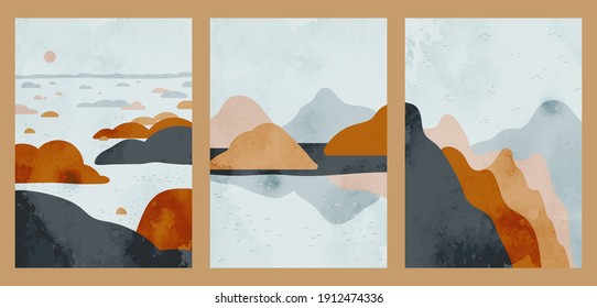 Japanese vintage style creative aesthetic posters. A4 vertical illustrations. A set of three backgrounds with watercolor texture and thin lines, mountains, sea, sun, islands.