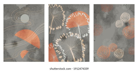 Japanese vintage style creative aesthetic posters. A4 vertical illustrations. Set of three backgrounds with watercolor texture and thin lines, traditional pattern, flowers, shapes, dots, circles.