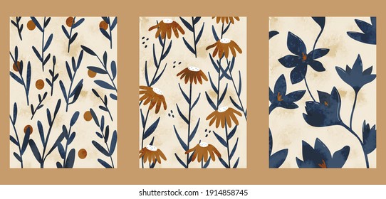 Japanese vintage style creative aesthetic posters. A4 vertical illustrations. Set of three minimalist abstract backgrounds with watercolor texture, flowers, dots, leaves, plants.