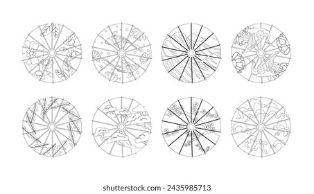 Japanese Wagasa Umbrella Isolated Vector Outline Icons Set. Traditional, Beautifully Crafted With Bamboo And Washi Paper