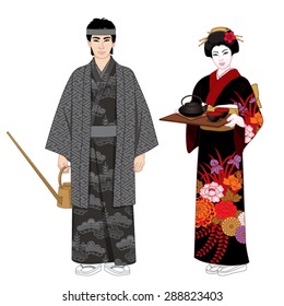 japanese waiters in kimono. Tea ceremony. Vector illustration set.