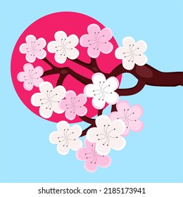 japanese wallpaper with sakura tree with flowers on blue background 