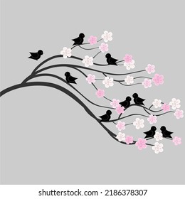 fond d'écran japonais avec sakura tree, fleurs et oiseaux gris