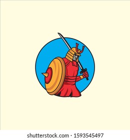 Japanese Warrior with circle shield and sword illustration vector template