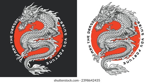 Japanese warrior dragon colorful sticker with dangerous monster ready to give battle samurai or fight club participant vector illustration