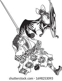 A Japanese warrior fighting of a bat.