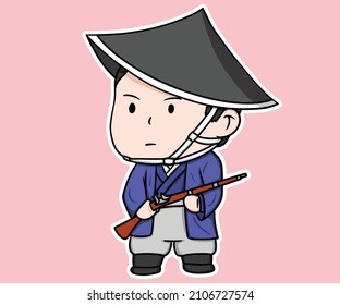 Japanese Warrior Infantry Musket Stand With Weapon Historical  Cartoon