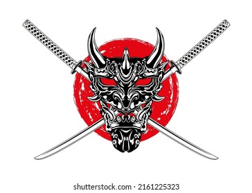 Japanese warrior mask and two crossed katana. Isolated vector template on white background