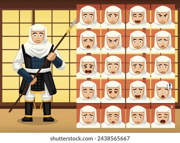 Japanese Warrior Monk Cartoon Emotion faces Vector Illustration