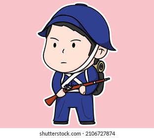 Japanese Warrior Musket Infantry Stand With Weapon Historical Cartoon 