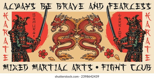 Japanese warrior samurai sticker colorful with two medieval soldiers and dragons for mixed martial arts fight club design vector illustration