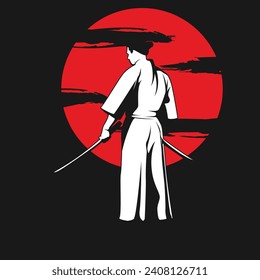 Japanese Warrior Swordsmen White Red and Black Detailed Vector