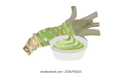 Raiz de wasabi japonesa com uma xícara de ilustração vetorial de pasta de wasabi. Rábano-silvestre. Raíz de wasabi para comida japonesa.	