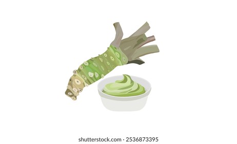 Raiz de wasabi japonesa com uma xícara de ilustração vetorial de pasta de wasabi. Rábano-silvestre. Raíz de wasabi para comida japonesa.	