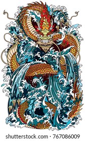 Japanese water dragon a traditional mythological deity creature in the sea or river splashes. Tattoo style vector illustration