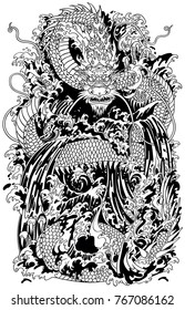 Japanese water dragon a traditional mythological deity creature in the sea or river splashes. Black and white tattoo style vector illustration