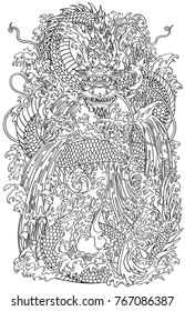 Japanese water dragon a traditional mythological deity creature in the sea or river splashes. Outline vector illustration. Coloring page