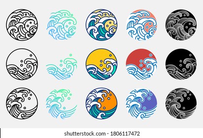 Japanese water wave vector set. Line art, fill color, gradient, pastel and various style. 