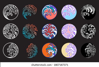 Japanese water wave vector set. Line art, fill color, gradient, pastel and various style. 