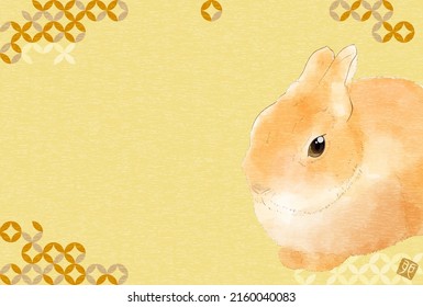 Japanese watercolour New Year's card for the Year of the Rabbit 2023 Rabbit and Japanese pattern (torn cloisonne) - Translation: Rabbit.