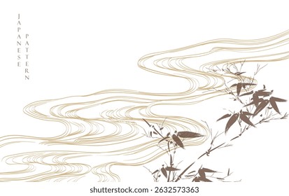 Japanese wave and cloud pattern with branch of bamboo leaves in brush stroke style. Abstract art landscape banner design