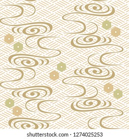 Japanese wave with flower icon pattern vector. Asian wave background.
