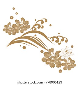 Japanese wave and flower vector. Gold nature icons. 