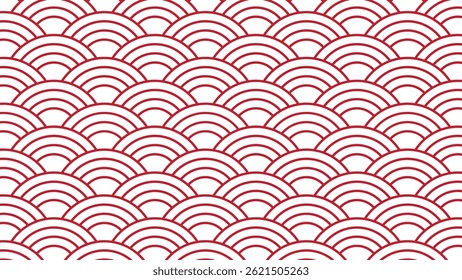 Onda japonesa geométrica. Seigaha sobrepondo círculos concêntricos padrão sem costura, vermelho 4 K paisagem