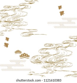 Japanese wave hand drawn template vector. Gold background.