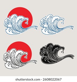 Japanese Wave Illustration with Rising Sun collection.Vector Illustration.