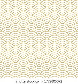 Japanese wave line pattern vector. Seigaiha in gold and white. Seamless luxury ocean waves circles background for wallpaper, textile, or other traditional decorative print. Symbol of tranquility.