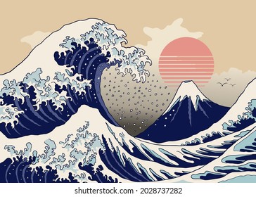 Ilustración vectorial del diseño oceánico de olas japonesas para afiches, papel pintado y tu concepto.