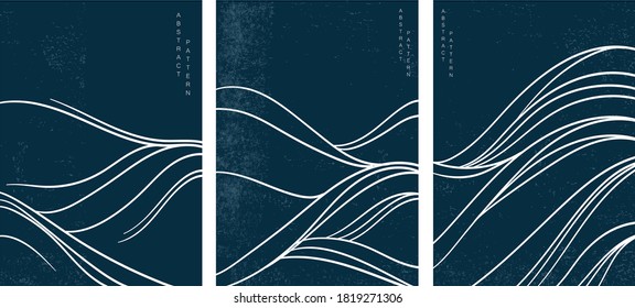 Japanese wave pattern and abstract art background vector  Water surface   ocean elements template in vintage style 