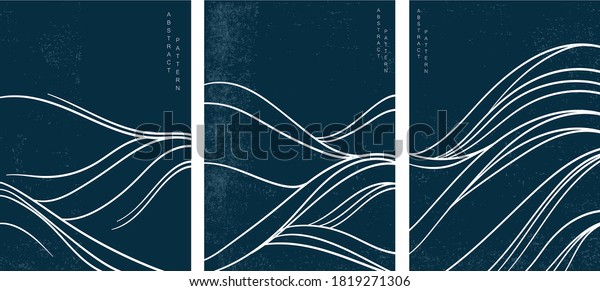 Japanese wave\
pattern with abstract art background vector. Water surface and\
ocean elements template in vintage\
style.