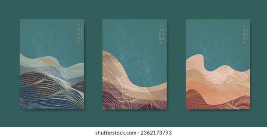 Japanese wave pattern with abstract landscape grunge art background vector. Water surface and ocean elements template in vintage luxury style.